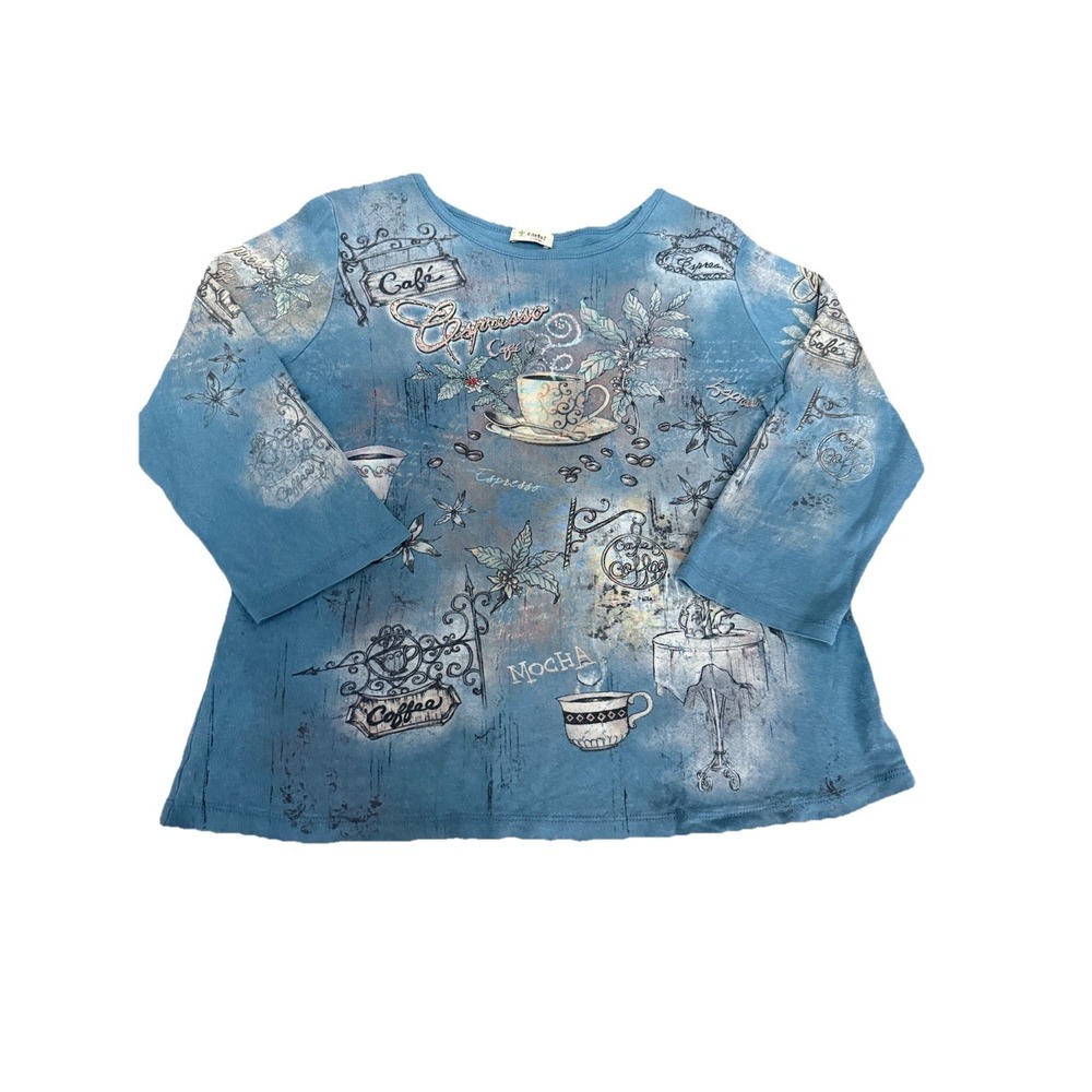 Cactus Women's XL Blue Studded Coffee Graphic 3/4 Sleeve Scoop Neck Top